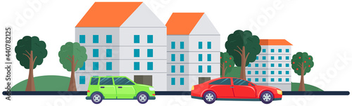 Fototapeta Naklejka Na Ścianę i Meble -  Gray and red cars in city. Cars are driving on road. Landscape with residential buildings and automobiles. Driving in modern downtown. Vehicles on background of cityscape with buildings and nature