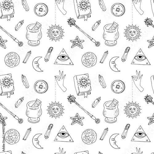 Seamless pattern with hand drawn doodle line art celestial bodies and magic items. Spiritual mystic repeat texture. On white background.