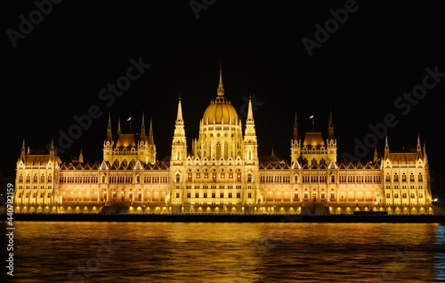 Hungarian Parliament building illuminated at night