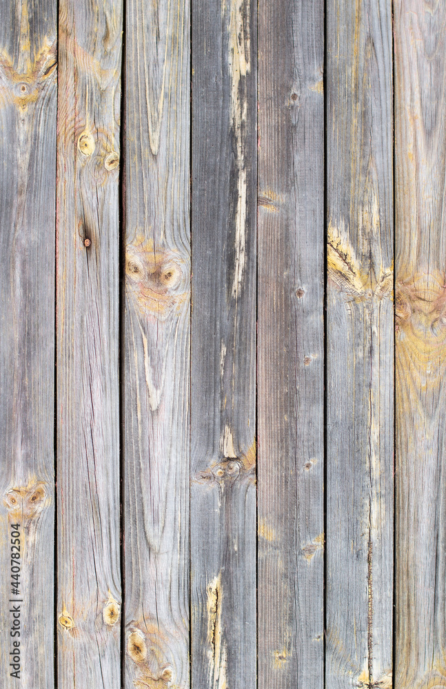Fototapeta premium Wooden background made of old boards. The texture of an old rustic wooden fence made of flat processed boards. Wooden fence made of old boards with the inclusion of Knots. Background design