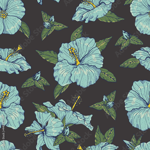 Vintage seamless pattern with line art blue hibiscus flowers, buds and leaves, with blue outline. On dark background. Stock vector illustration.