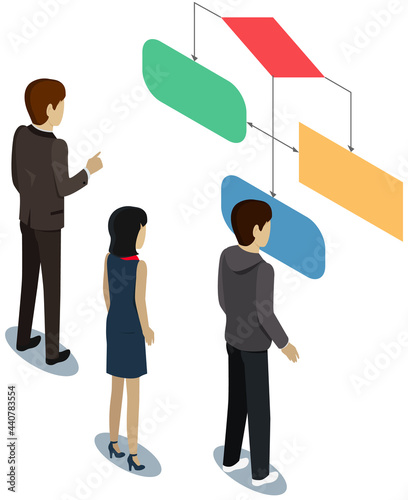 Business people looking at whiteboard with schemes, programmer examining charts and info on board, working with data. Characters discuss while working with statistical graph. Profit sectorized diagram photo