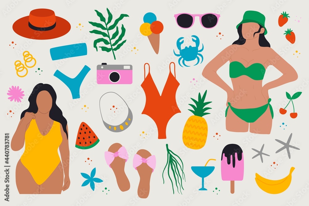 Summer icons. Abstract doodle elements woman swimsuit crab fruits tropical leaves, cartoon scrapbook set. Vector art