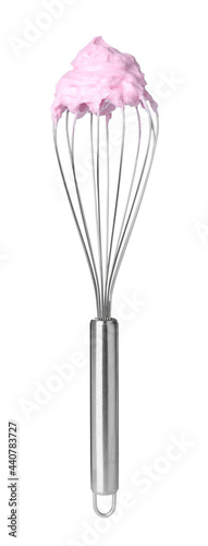 Balloon whisk with pink cream isolated on white