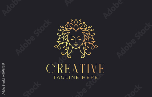 Beauty female face with flowers line art style Logo Design Template. beauty salon, hair salon, cosmetic business Icon Line Art Vector