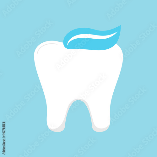 Tooth with toothpaste dental icon isolated on white background. Clean tooth and paste on crown. Vector flat design cartoon style dentistry hygiene clip art illustration.