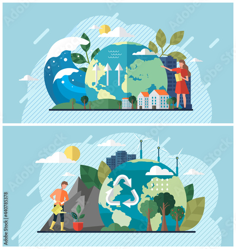 Set of illustrations about people using planet natural resources and trying to protect Earth. Climate change  rising water level  ecology problems awareness. Cartoon characters care about nature