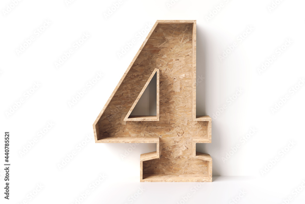 Wood font number 4 made of oriented strand board. New trending interior design material concepts. High detailed 3D rendering. Wood font number 4 made of oriented strand board. New trending interior design material concepts. High detailed 3D rendering.