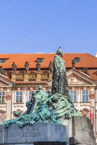 Jan Hus Memorial in Old town square in Prague. Memorial unveiled to commemorate 500th anniversary of Jan Hus martyrdom. Prague, Czech Republic. photo