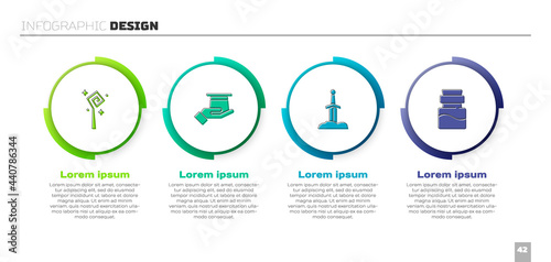 Set Magic staff, Magician hat in hand, Sword the stone and Bottle with potion. Business infographic template. Vector