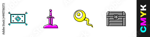 Set Magic carpet, Sword in the stone, Eye and Antique treasure chest icon. Vector