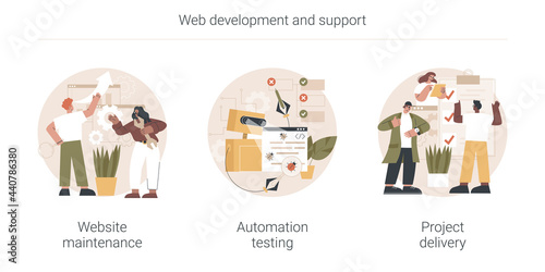 Web development and support abstract concept vector illustration set. Website maintenance, automation testing, project delivery, time and budget, security analysis and update abstract metaphor.