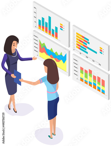 Visualize with business analytics. People work with statistical data analysis, changing indicators. Employees analyze statistical indicators, business data. Characters work with marketing research