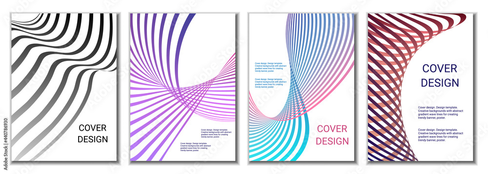 A set of 4 abstract covers. Wavy parallel gradient lines, ribbons evolve. Cover design, background. Trendy banner, poster. A set of 4 abstract covers. Wavy parallel gradient lines, ribbons evolve. Cover design, background. Trendy banner, poster.