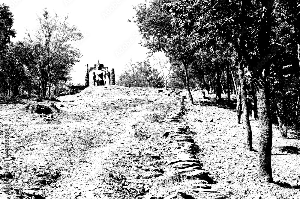 The landscape of the stone path up the hill in the forest Black and white illustrations.