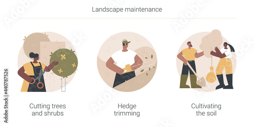 Landscape maintenance abstract concept vector illustration set. Cutting trees and shrubs, hedge trimming, cultivating soil, pruning dead wood, hedge clipper, tilling ground abstract metaphor.