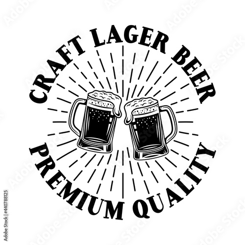 Two beer mugs and rays vector emblem, label, badge or logo in monochrome vintage style isolated on white background