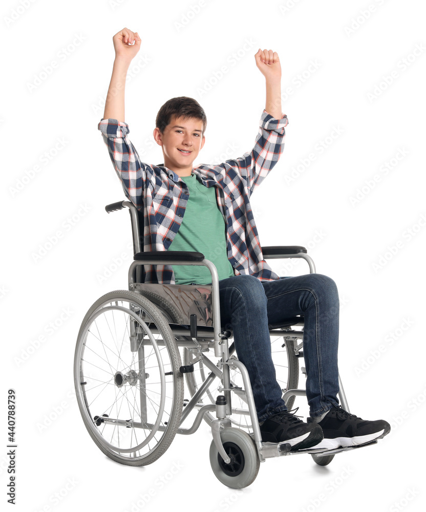 Teenage boy in wheelchair on white background Teenage boy in wheelchair on white background
