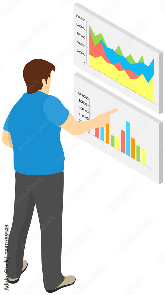 Visualize with business analytics. People work with statistical data analysis, changing indicators. Employees analyze statistical indicators, business data. Characters work with marketing research Visualize with business analytics. People work with statistical data analysis, changing indicators. Employees analyze statistical indicators, business data. Characters work with marketing research