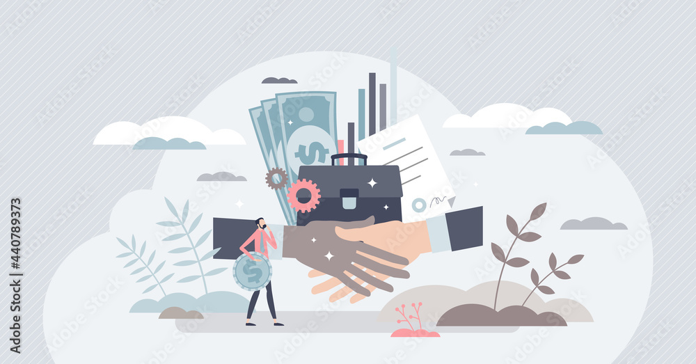 Business for sale and company selling with deal agreement tiny person concept. Successful collaboration or corporate investment scene vector illustration. Financial purchase or positive profit project Business for sale and company selling with deal agreement tiny person concept. Successful collaboration or corporate investment scene vector illustration. Financial purchase or positive profit project