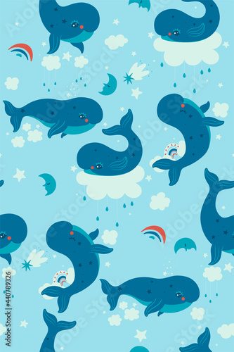 Seamless pattern with cute whales in the sky. Vector graphics.