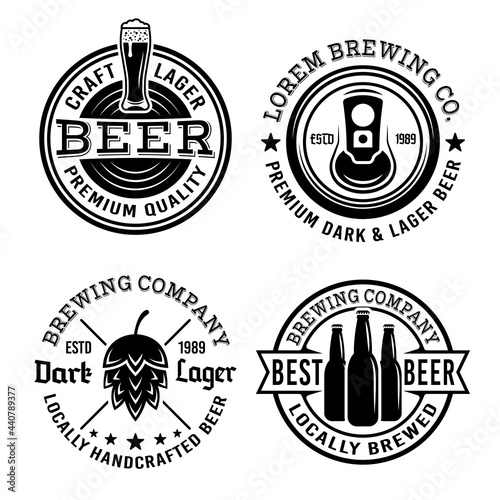 Beer and brewery company set of four vector emblems, labels, badges or logos isolated on white background