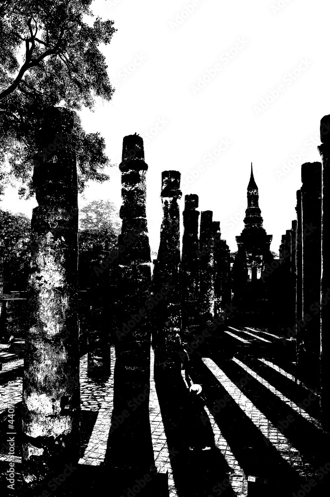 Ancient Ruins in Sukhothai World Heritage Site Black and white illustrations.