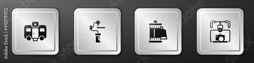 Set Actor trailer, Gimbal stabilizer for camera, Camera roll cartridge and with icon. Silver square button. Vector