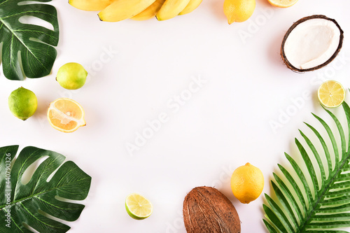 Concept  flatlay  background. Tropical fruits. Frame.