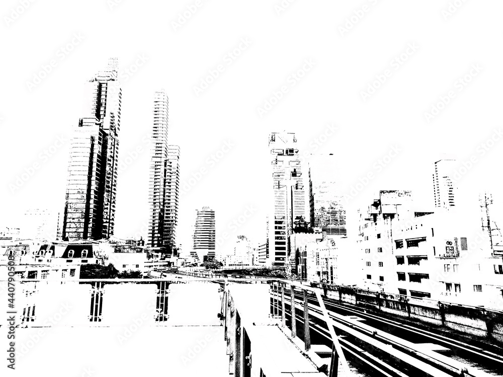 Bangkok city landscape Black and white illustrations.