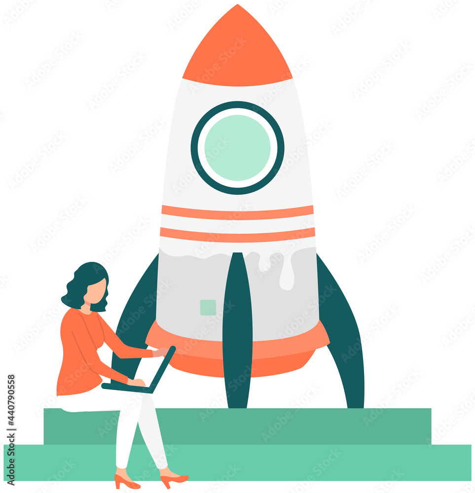 Woman working on business startup. Launch of rocket standing on pedestal. Person with laptop works with information. Girl creates new project, startup with spaceship. Freelancer works with computer