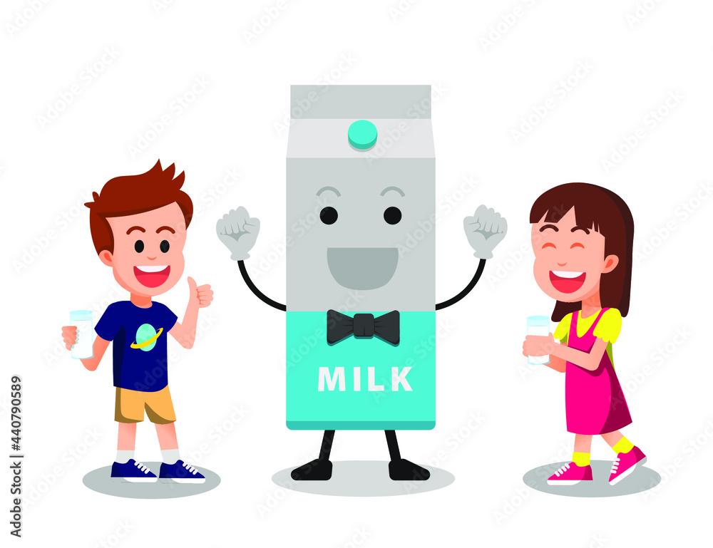 Happy children with the big milk box character Happy children with the big milk box character