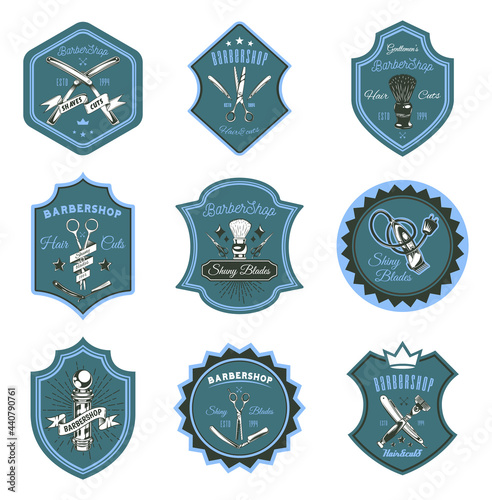 Logotype for barbershop in form of badge or label. Set of barber shop logo design emblems with razors, scissors, brush, trimmer. Hairdressing salon signboard depicting blade and modern men s razor