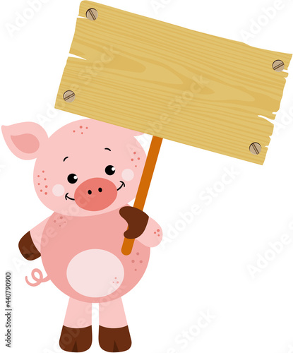 Funny pig holding a wooden signboard