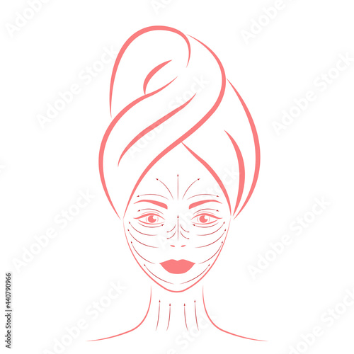 Chinese massage with gouache stones. Pink outline of the silhouette of a girl's face with a towel on her head isolated on a white background. Facial massage lines, vector illustrations