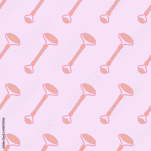 Seamless pattern of flat cartoon pink stone for face massage . Isolated on a pale pink background in a symmetrical order