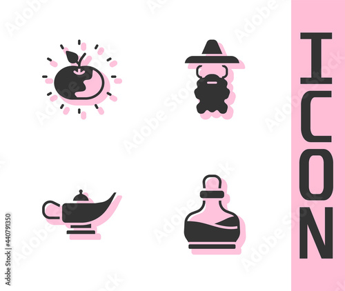 Set Bottle with potion, Poison apple, Magic lamp or Aladdin and Wizard warlock icon. Vector