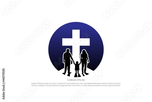 Simple Minimalist Jesus Christian Cross with Family Silhouette For Church School Logo Design Vector