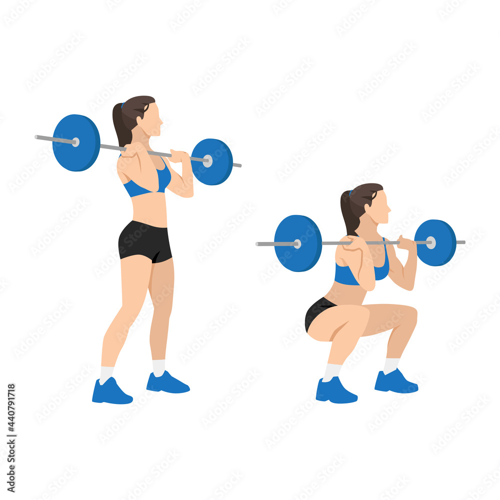 Woman doing Front barbell squat exercise. Flat vector illustration isolated  on white background Stock Vector | Adobe Stock