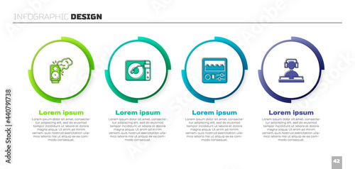 Set Stereo speaker, Vinyl player with vinyl disk, Drum machine and DJ playing music. Business infographic template. Vector