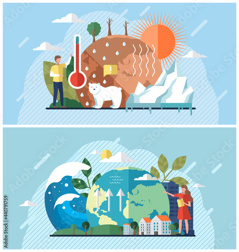Set of illustrations about climate change, rising water level, global warming, ecological problems. Cartoon characters care about nature. Rising planetary temperatures affect flora and fauna