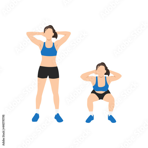 Woman doing Hands at the back of the head Bodyweight squats exercise. Flat vector illustration isolated on white background