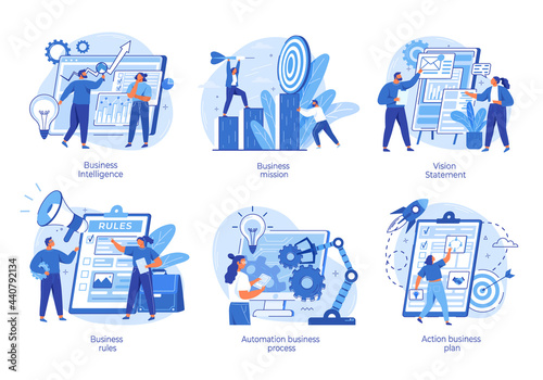 Strategic business planning, automation process. Business mission, rules, vision statement, competitive intelligence, goals action plan, brand success, loyalty abstract metaphor, teamwork set