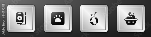 Set Blood donation, Paw print, Volunteer team planting trees and Donation food box icon. Silver square button. Vector