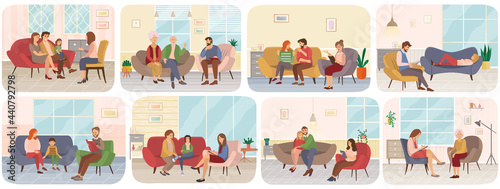 Set of scenes about psychotherapy sessions with family and psychotherapist, psychological problems. People sit at reception of specialist. Psychologists write down their patients questions on paper