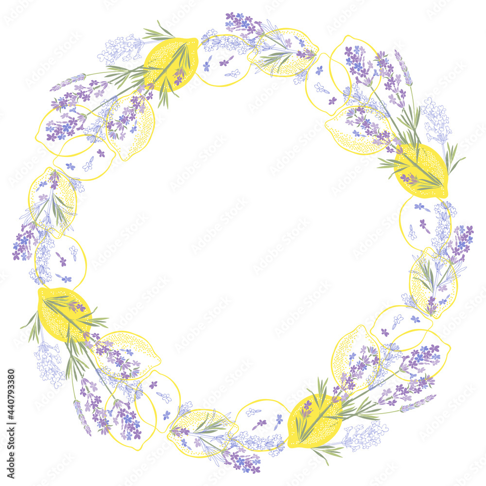 Lavender and lemons. Round floral frame. Vector layout decorative greeting card or invitation,  menu, element design background..