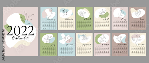 Abstract A4 calendar 2022 trendy spots with hand drawn botanic flowers and leaves. Cover and 12 monthly pages. Week starts on Sunday, A3 A2 A6 formats