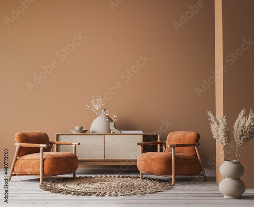 Cozy home interior with wooden furniture on brown background, empty wall mockup in boho decoration, 3d render photo