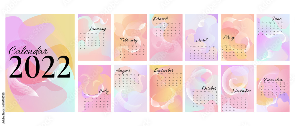 Abstract A4 calendar 2022 trendy colorful gradients spots with line. Cover and 12 monthly pages. Week starts on Sunday, A3 A2 A6 formats Abstract A4 calendar 2022 trendy colorful gradients spots with line. Cover and 12 monthly pages. Week starts on Sunday, A3 A2 A6 formats