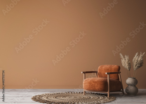 Cozy home interior with wooden furniture on brown background, empty wall mockup in boho decoration, 3d render photo